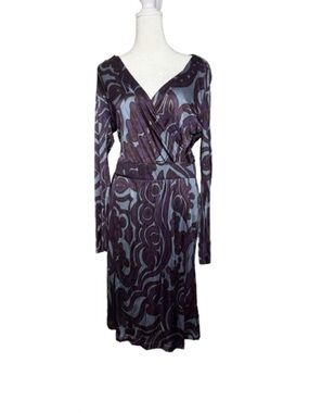NWT Tara Jarmon Long Sleeve Blue & Purple Geometric Faux Wrap Dress Flaw